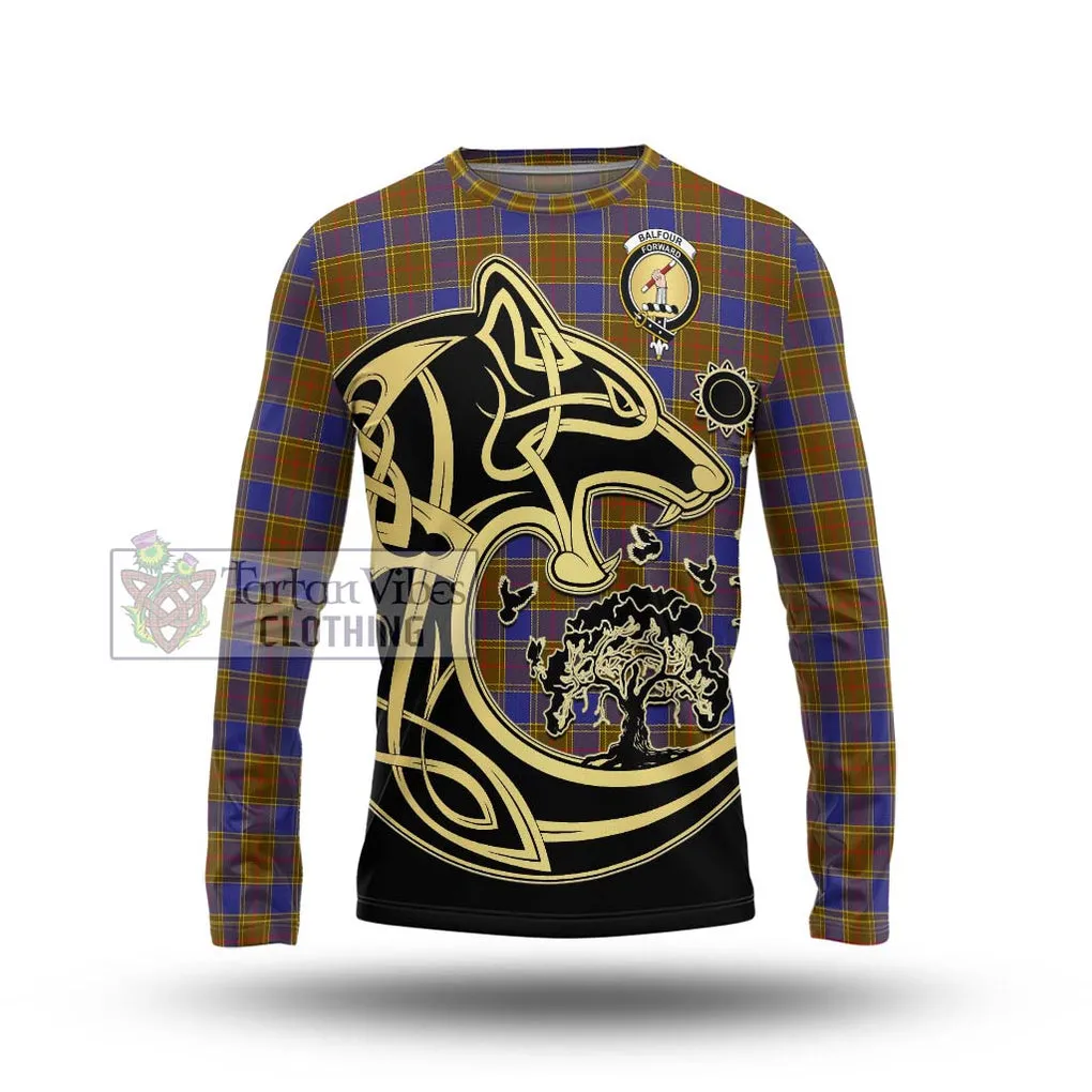 Balfour Tartan Long Sleeve T-Shirt with Family Crest Celtic Wolf Style