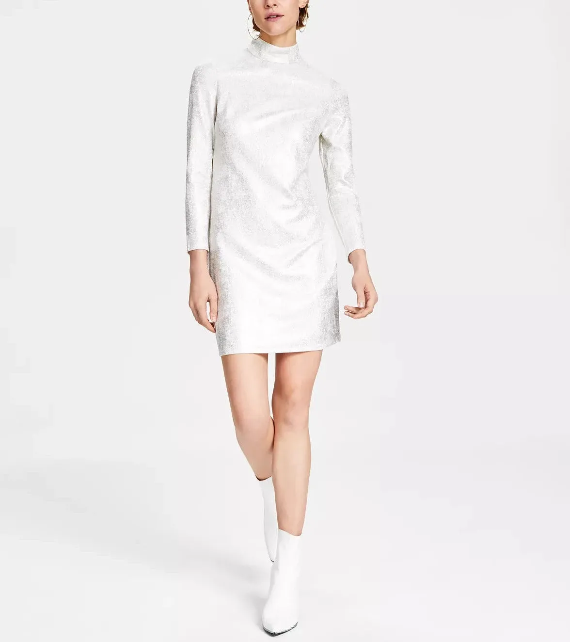 Bar III Metallic Mock-Turtleneck Sheath Dress