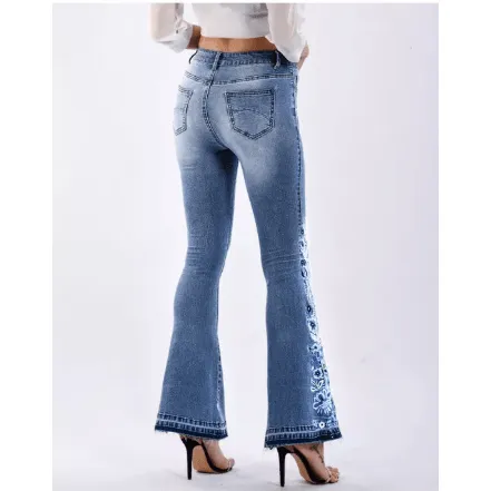 Bell Bottom Stretch Jeans with Floral Embroidery