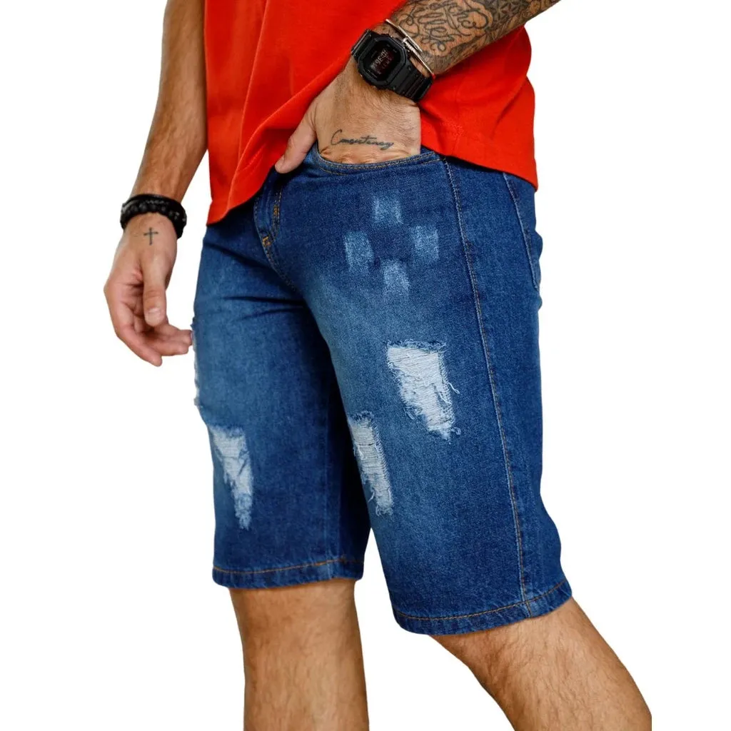 Bermuda Jeans Escuro Masculina Rasgada Exclusiva Sem Lycra