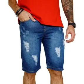 Bermuda Jeans Escuro Masculina Rasgada Exclusiva Sem Lycra