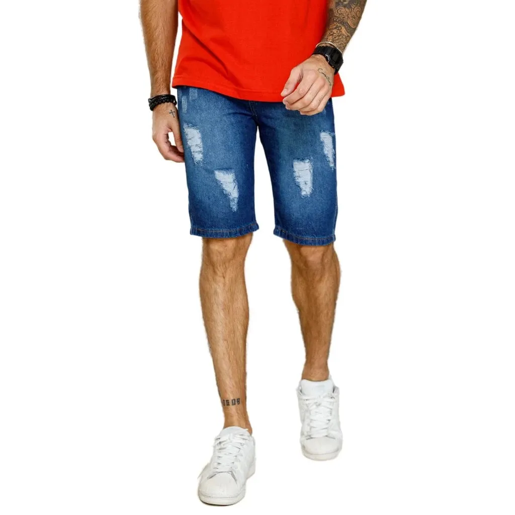 Bermuda Jeans Escuro Masculina Rasgada Exclusiva Sem Lycra