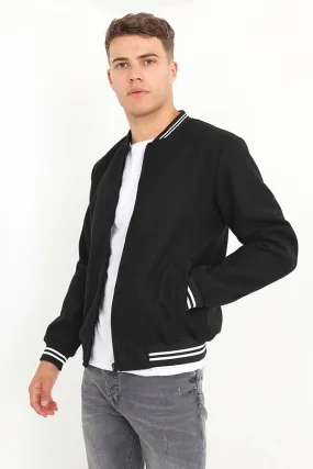 BLACK FAUX WOOL STRIPE DETAIL BOMBER JACKET