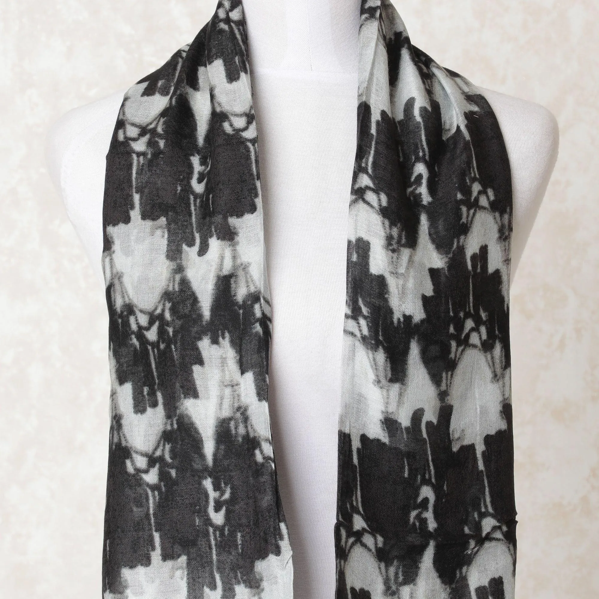 Black poly cotton scarf with cloud grey print in abstract design-D10701