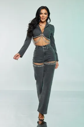 Black Two Piece Denim Set Rhinestones Spandex Black