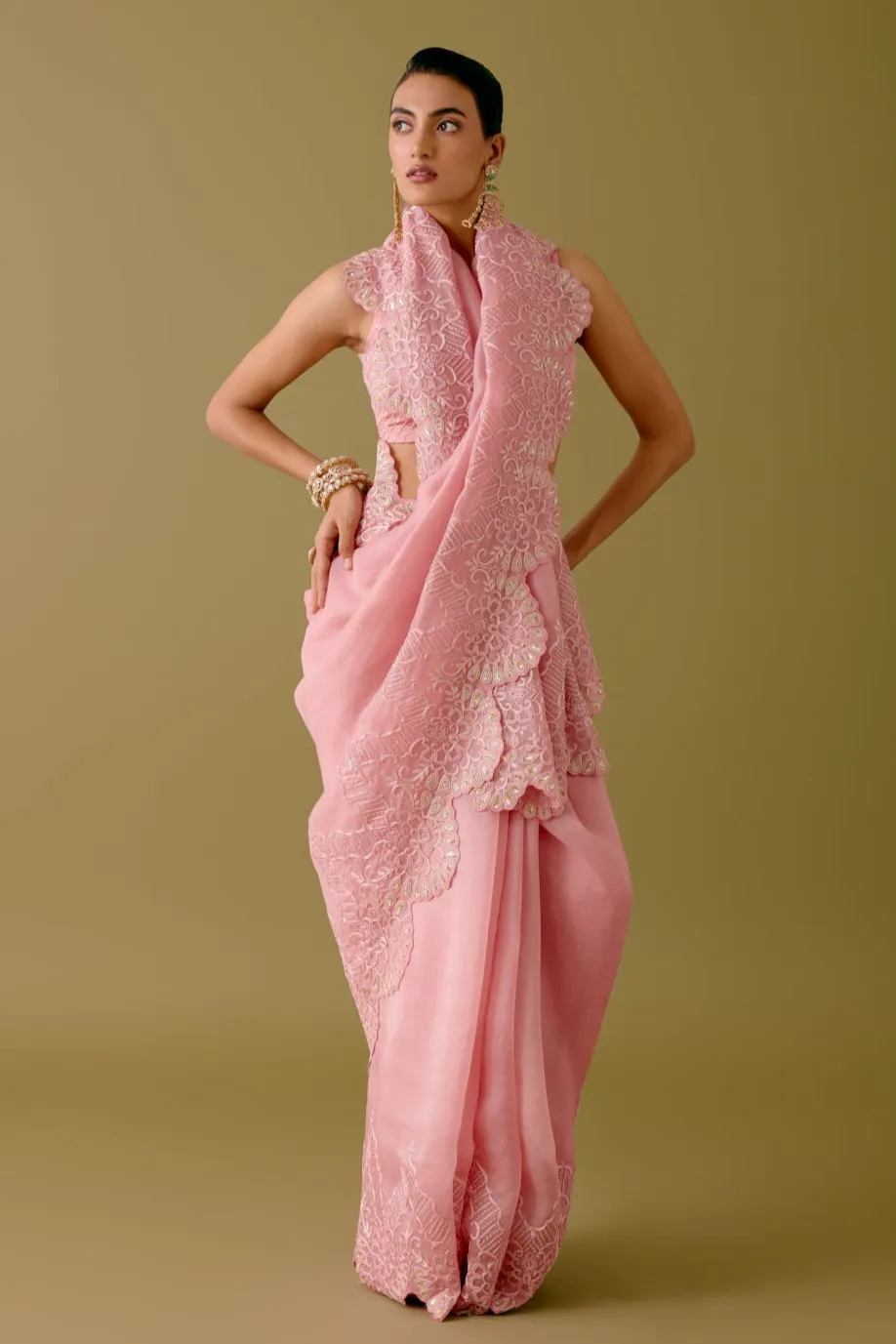 Blush Pink Embroidered Silk Organza Saree