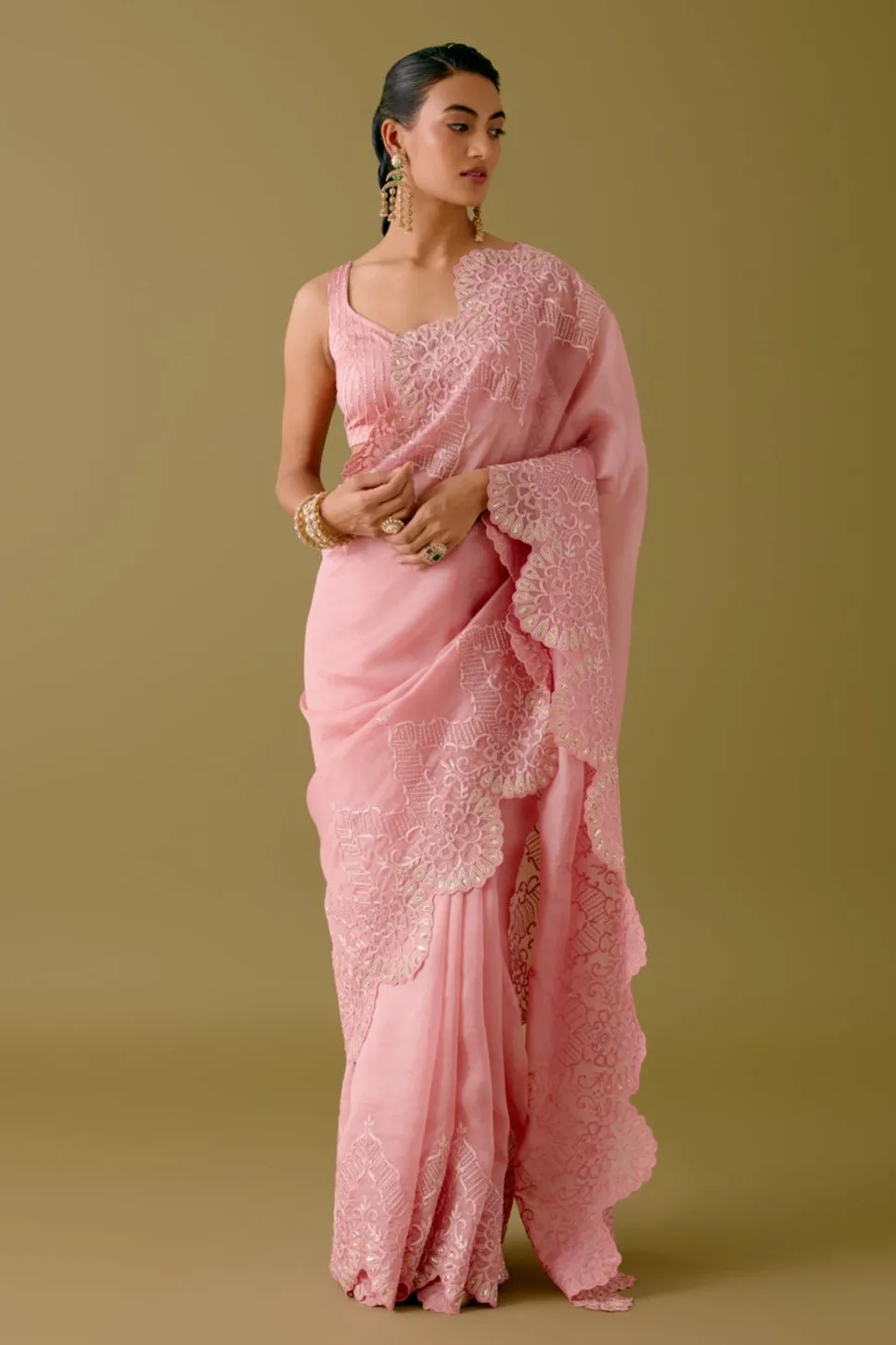 Blush Pink Embroidered Silk Organza Saree