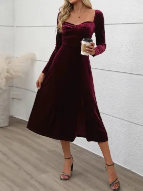 Burgundy Sweetheart Neck Long Sleeve Midi Dress | Holiday Dress