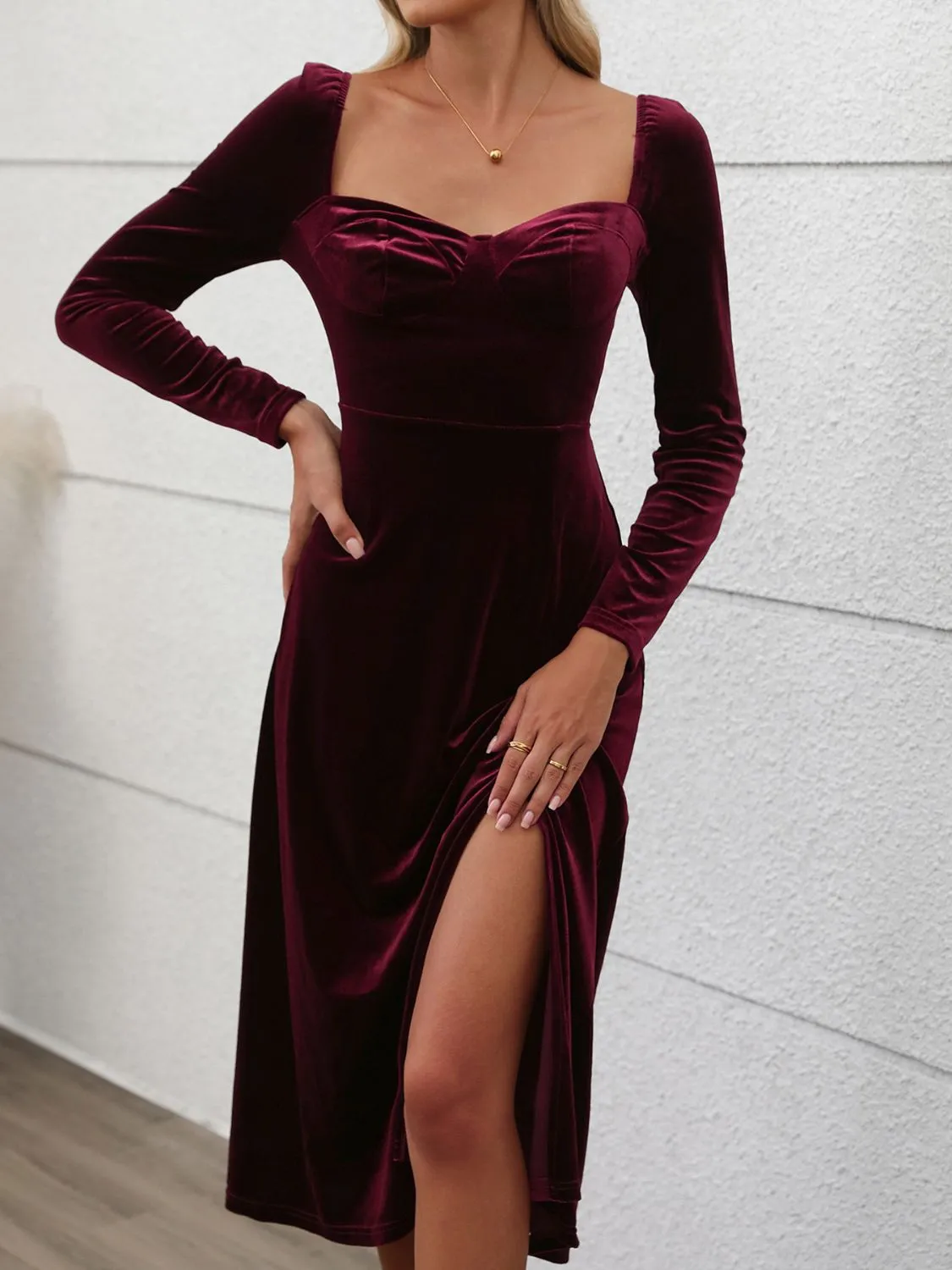 Burgundy Sweetheart Neck Long Sleeve Midi Dress | Holiday Dress