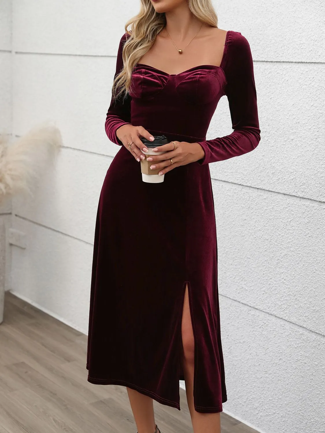 Burgundy Sweetheart Neck Long Sleeve Midi Dress | Holiday Dress