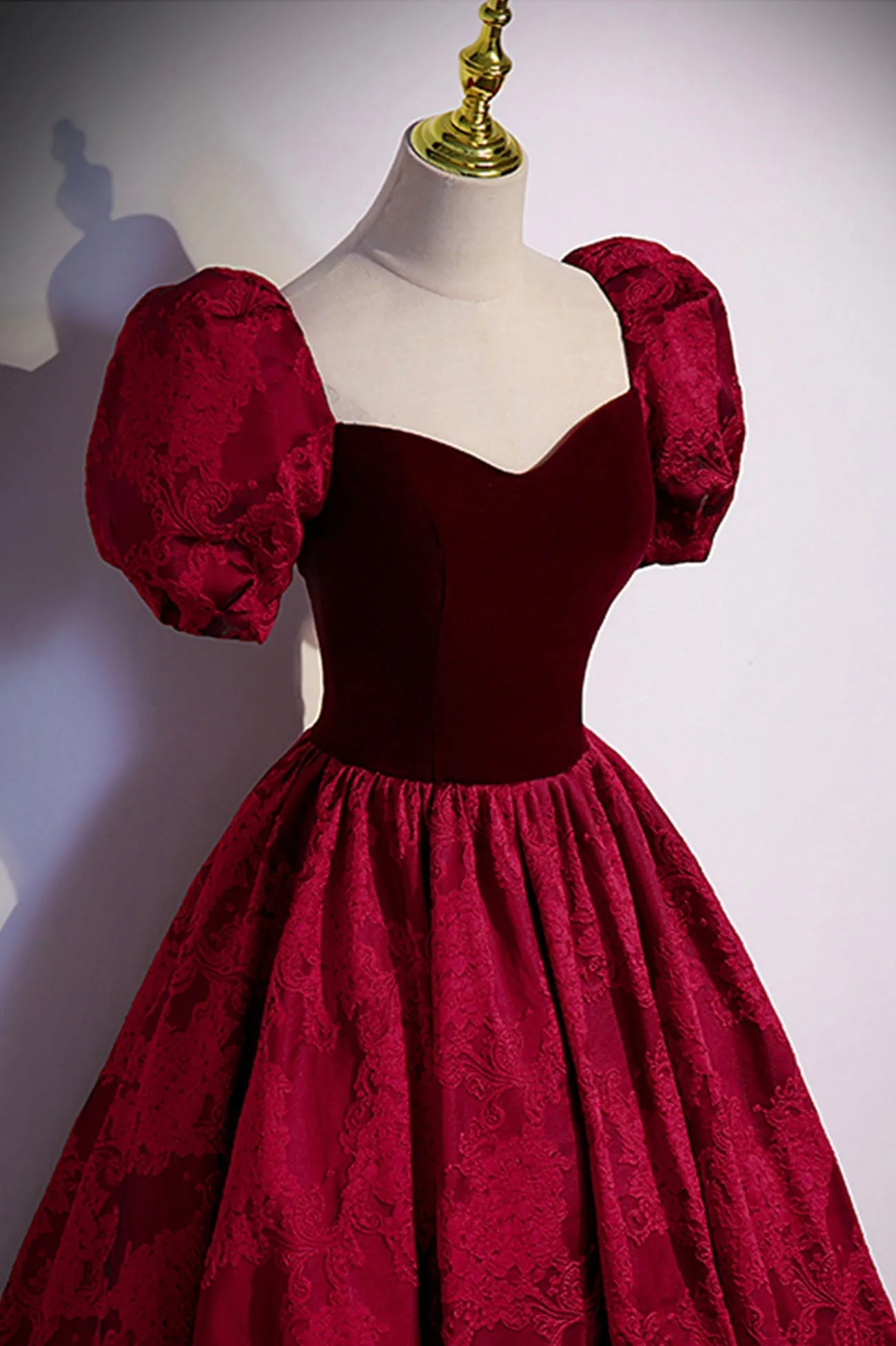 Burgundy Velvet Long A-Line Prom Dress, Burgundy Short Sleeve Evening Dress