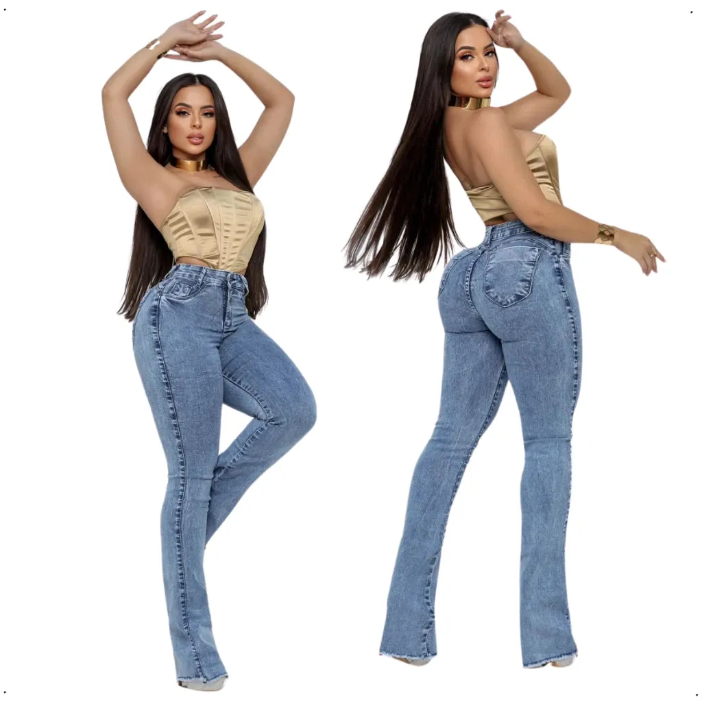 Calça Feminina Jeans Flare Cós Alto Com Lycra Levanta Bumbum Lançamento