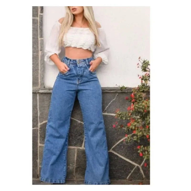 Calça Jeans Cintura Alta Wide Leg Pantalona Moda Gringa Juliette