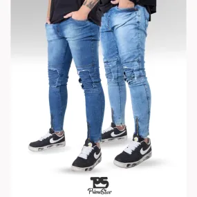 Calça Masculina jeans skinny rasgada ziper - lycra