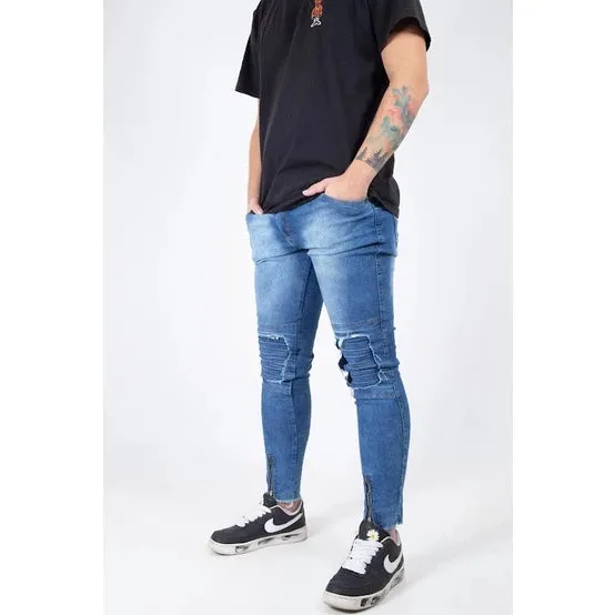 Calça Masculina jeans skinny rasgada ziper - lycra