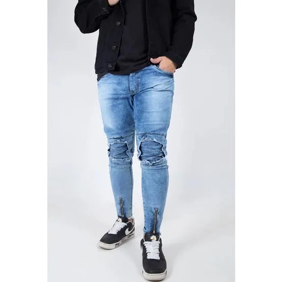 Calça Masculina jeans skinny rasgada ziper - lycra