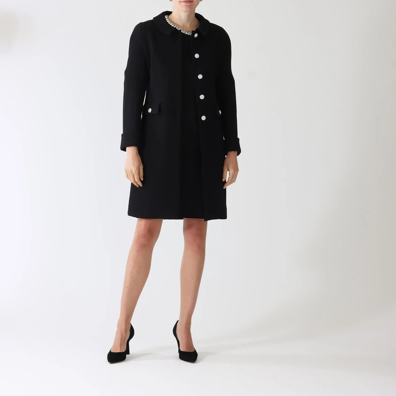 Carlen Noir Collared Coat With Crystal Buttons