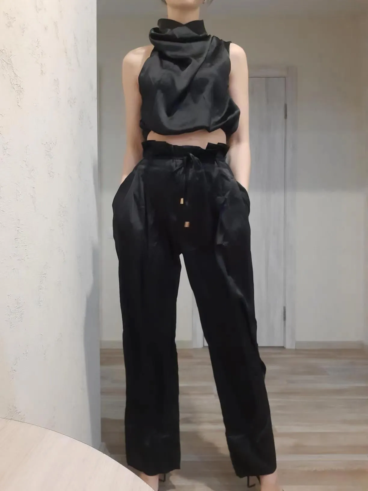 casual sleeveless turtleneck crop top wide leg pants suit