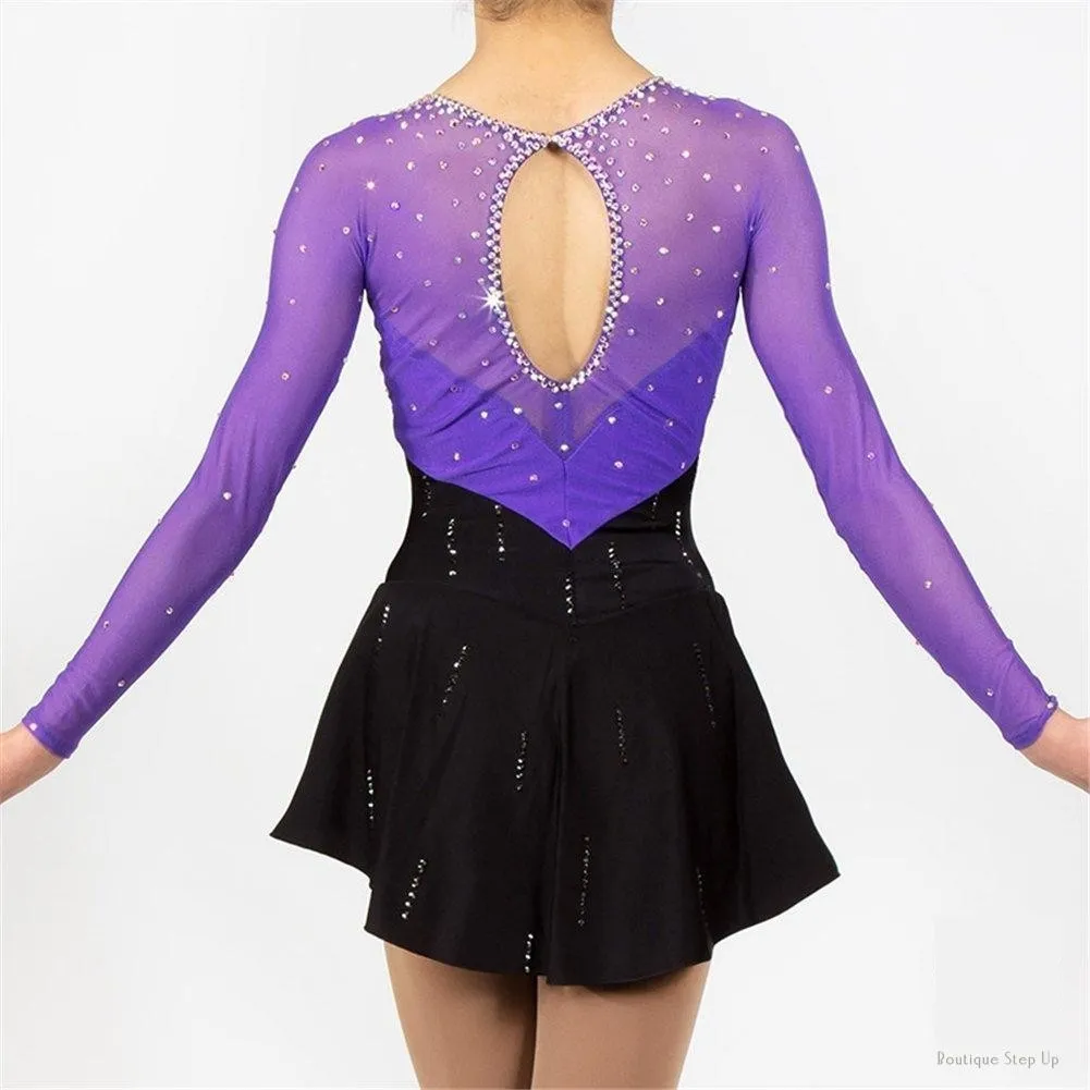 Competition Figure Skating Dress Black Purple & Crystals Long Sleeves BSU060922 Youth 12-14 Stock