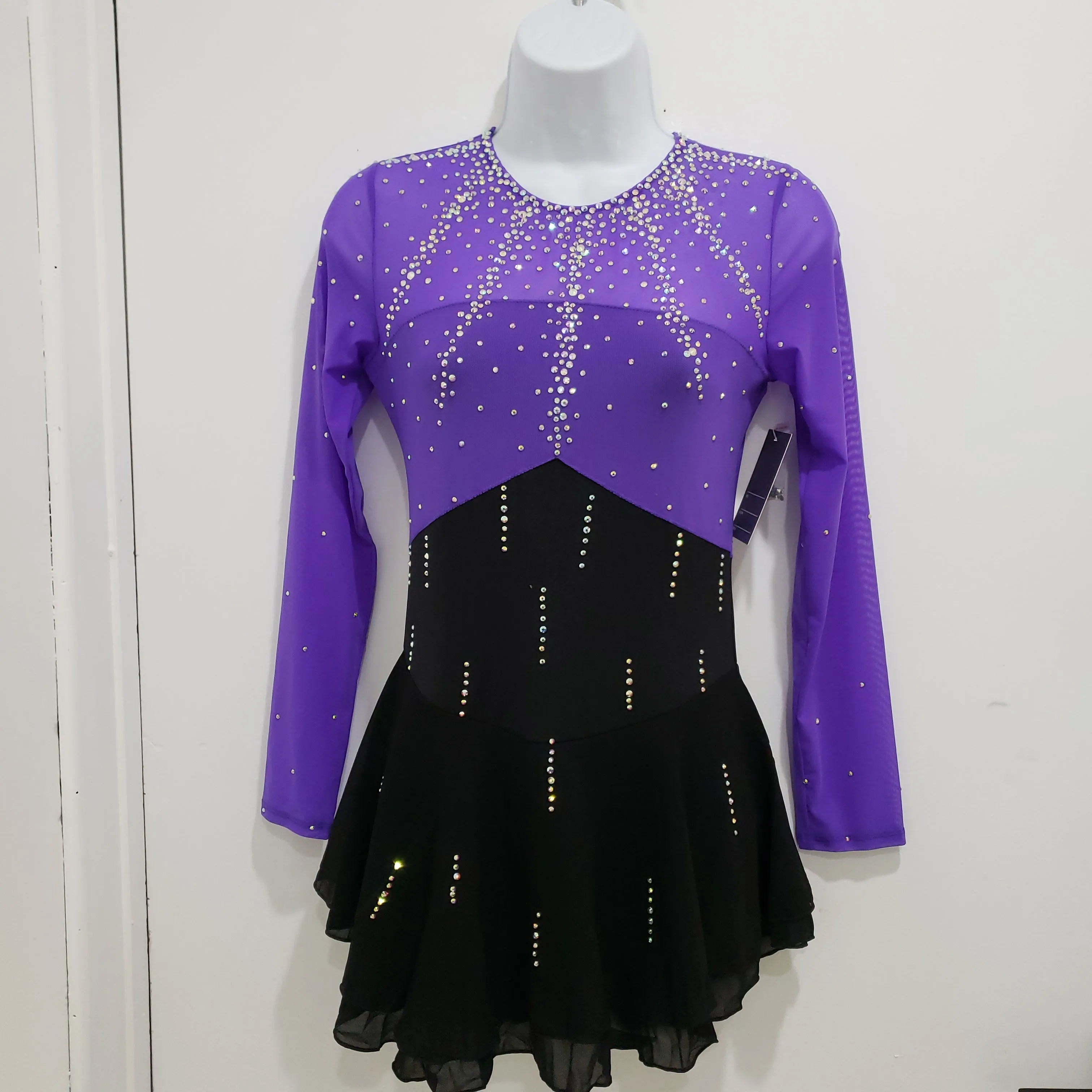 Competition Figure Skating Dress Black Purple & Crystals Long Sleeves BSU060922 Youth 12-14 Stock