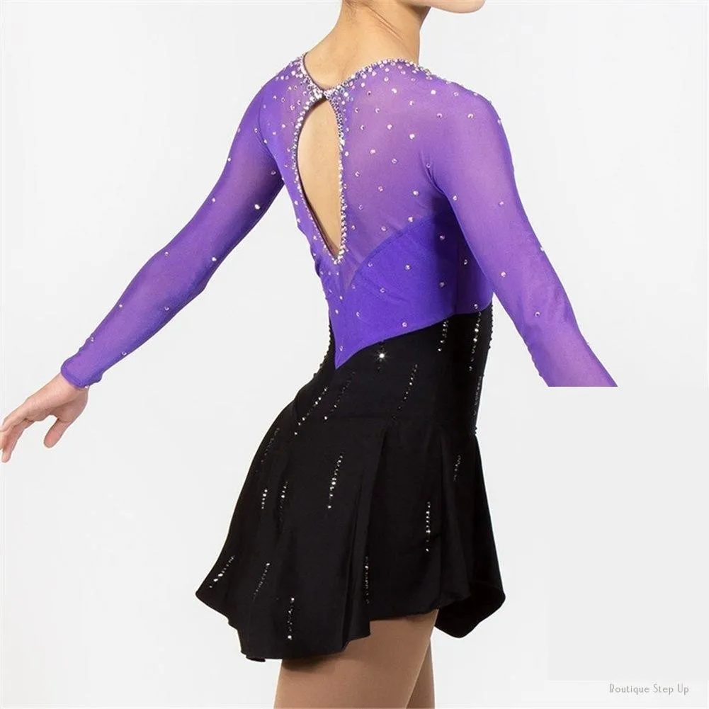 Competition Figure Skating Dress Black Purple & Crystals Long Sleeves BSU060922 Youth 12-14 Stock