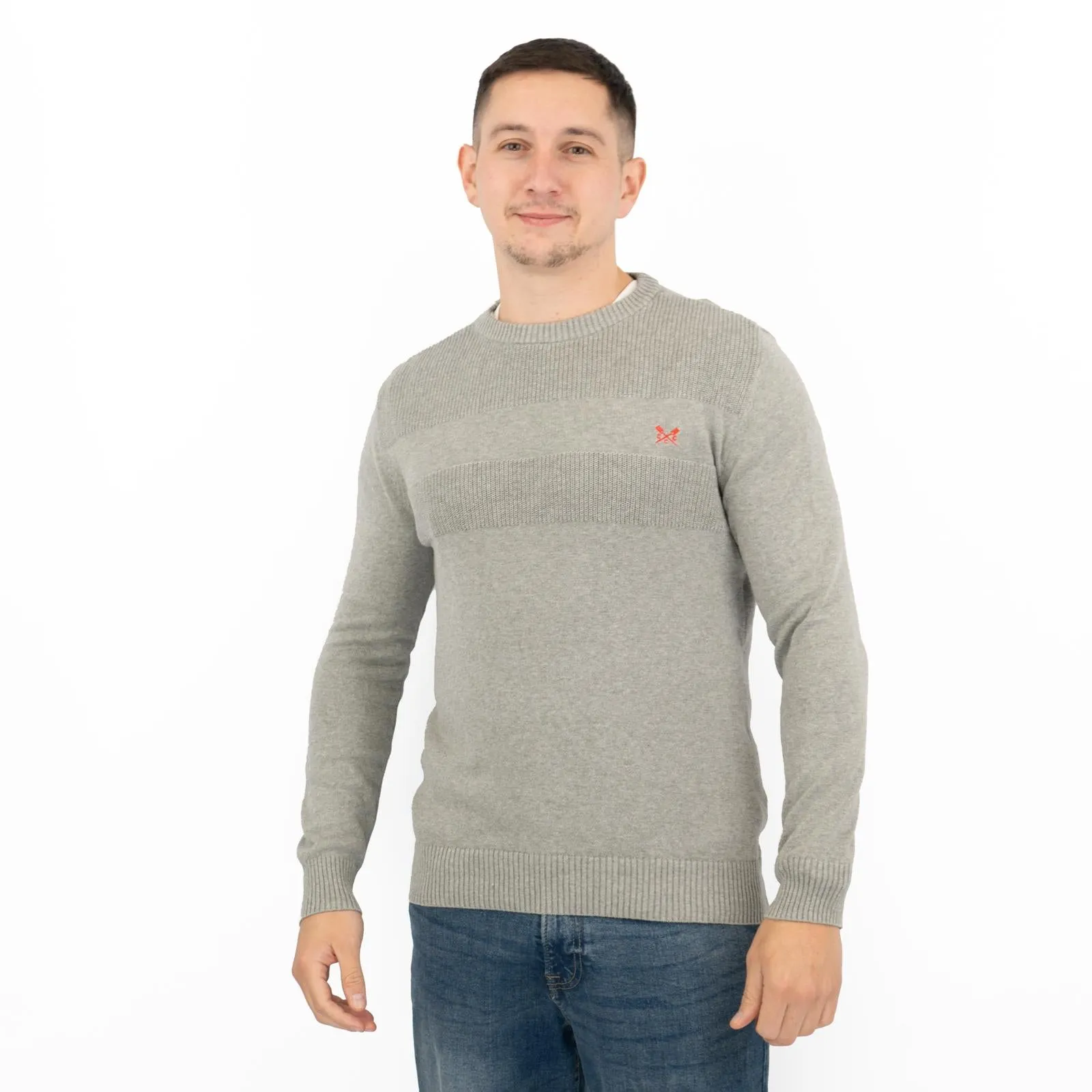 Crew Clothing Mens Rib Knitted Jumper Long Sleeve Light Grey