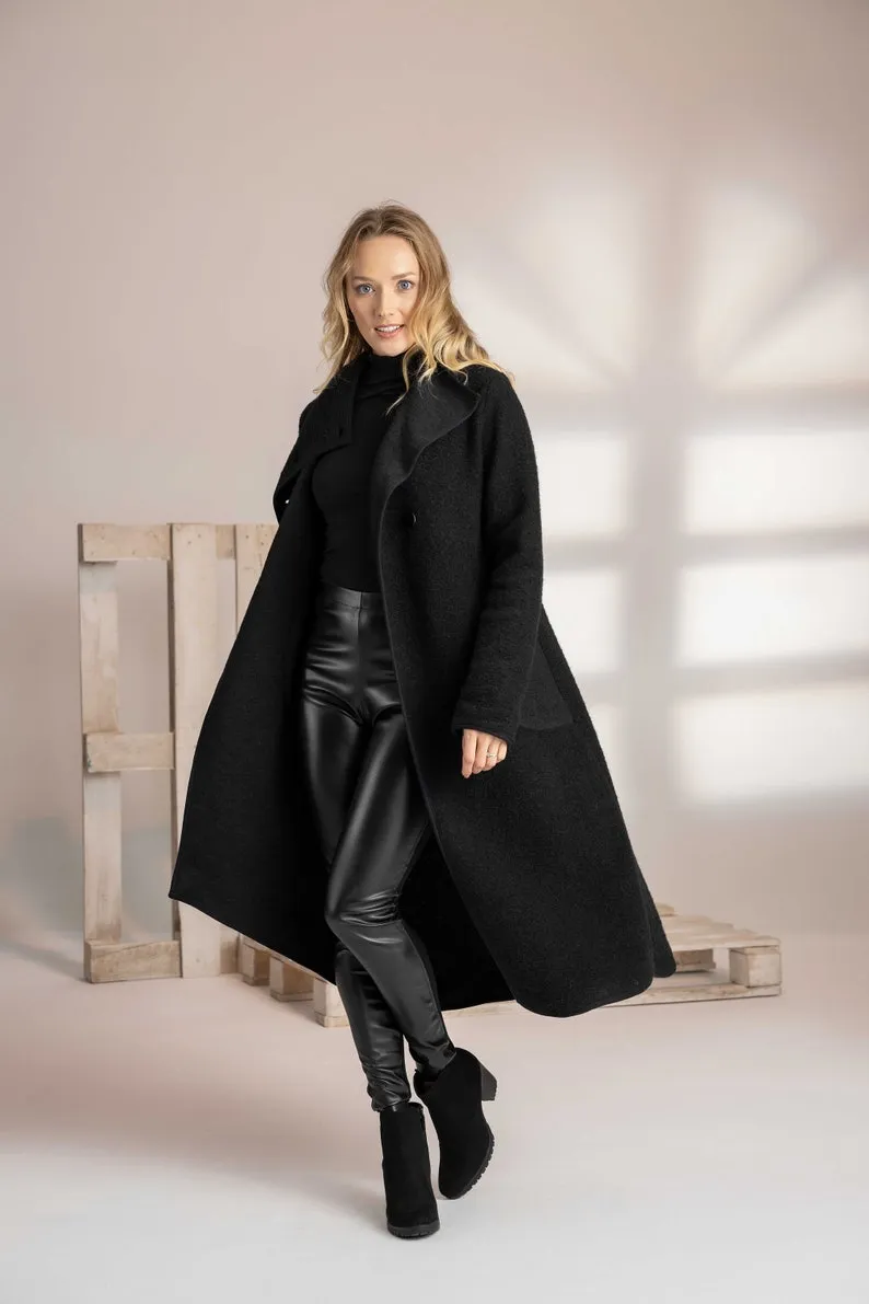 Dark Blue Boiled Wool Coat with Pockets