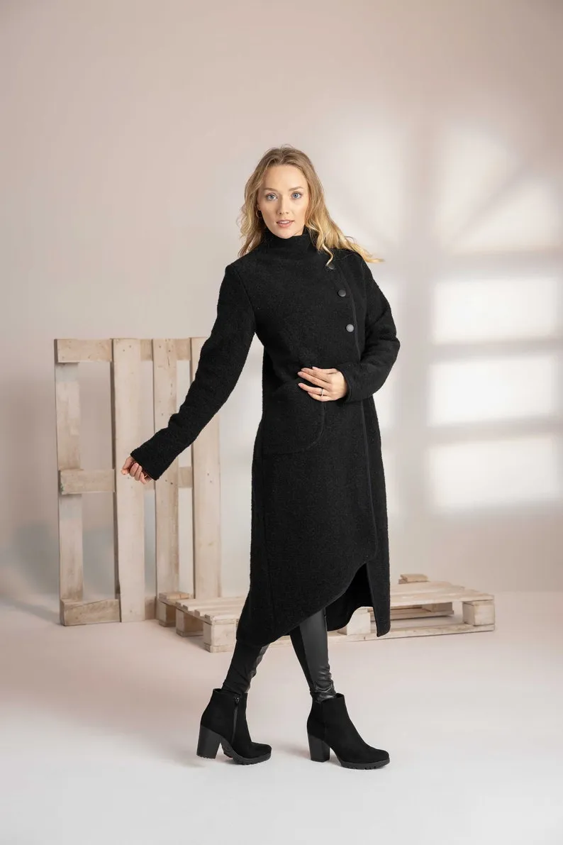 Dark Blue Boiled Wool Coat with Pockets