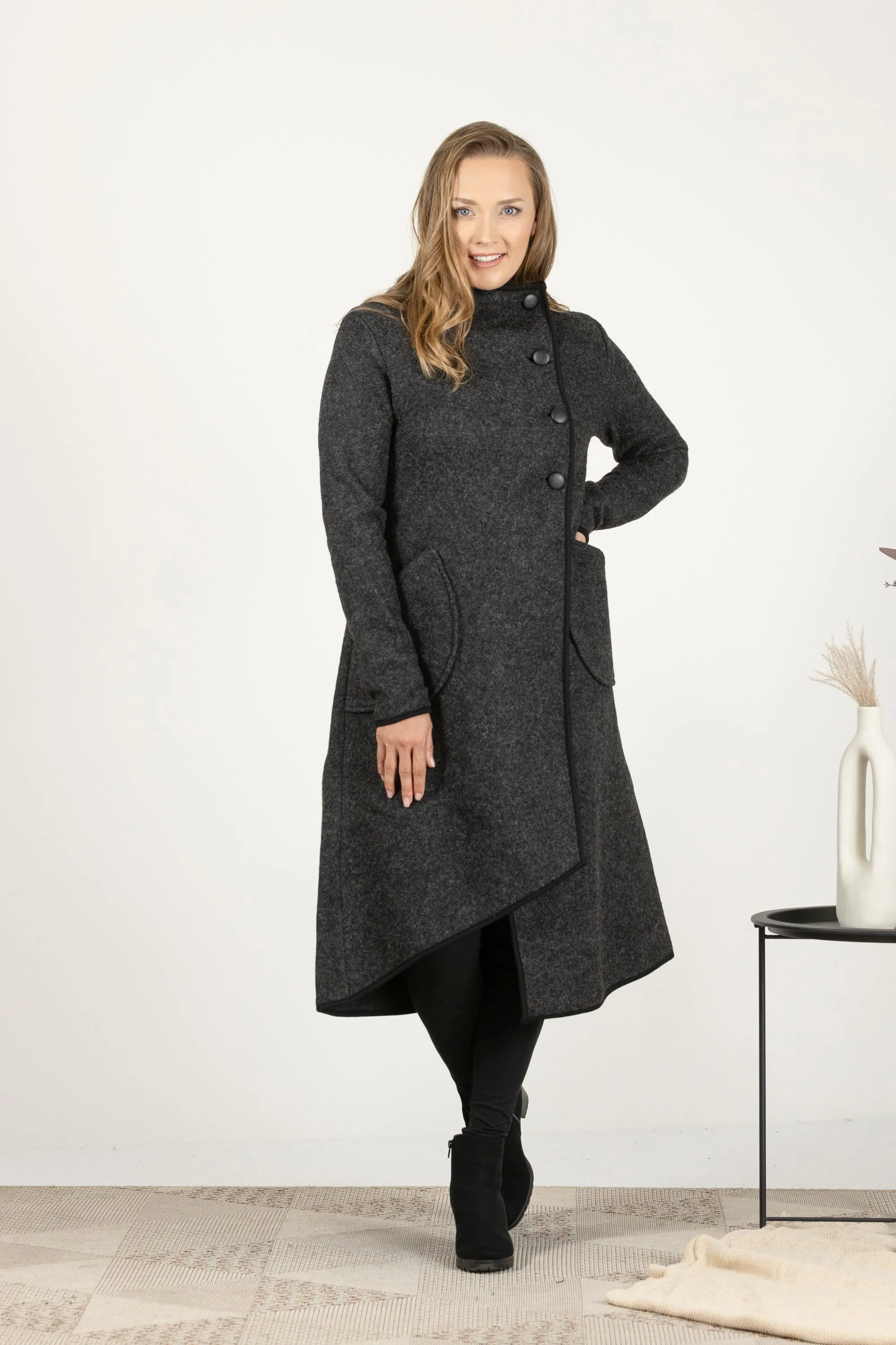 Dark Blue Boiled Wool Coat with Pockets