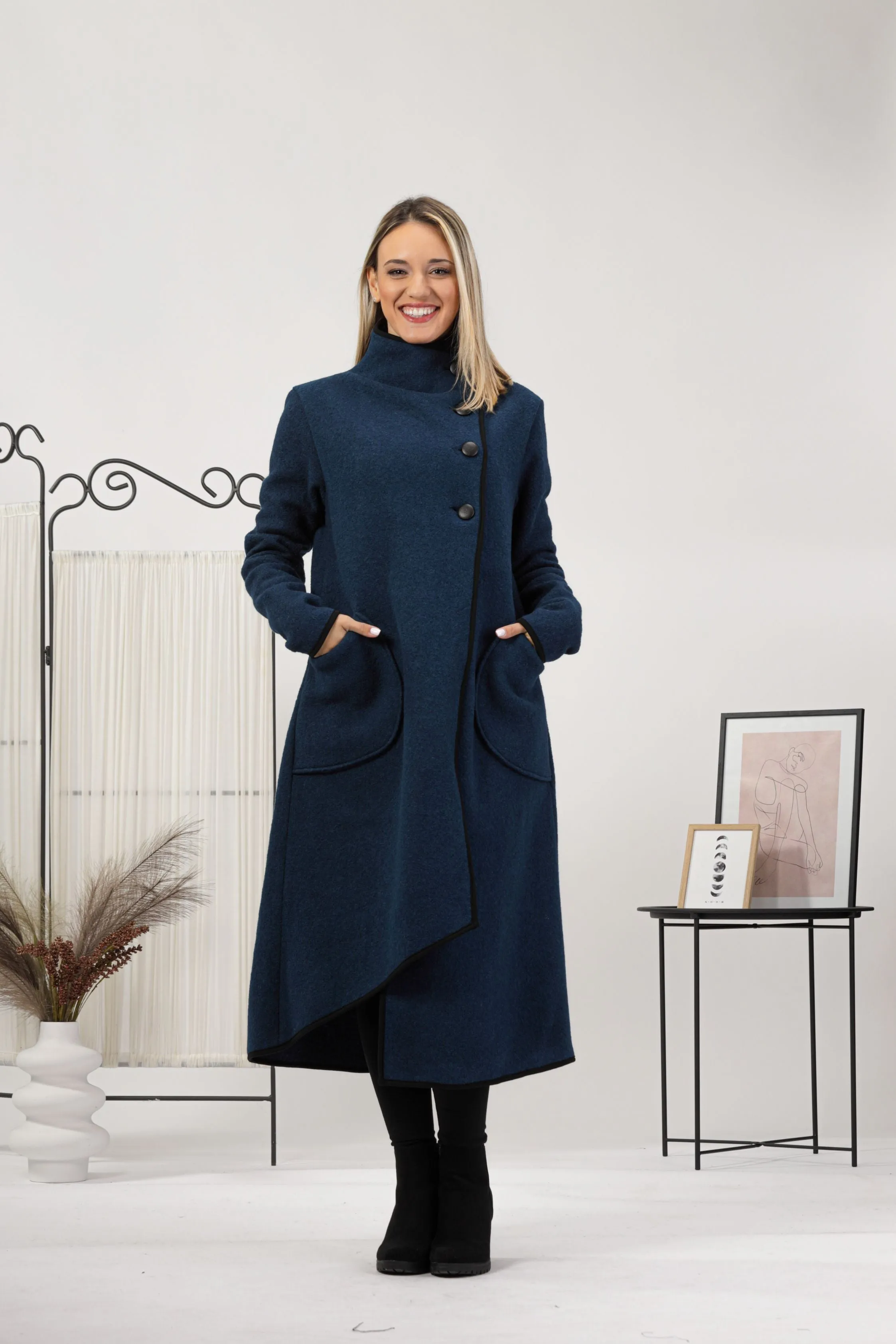 Dark Blue Boiled Wool Coat with Pockets