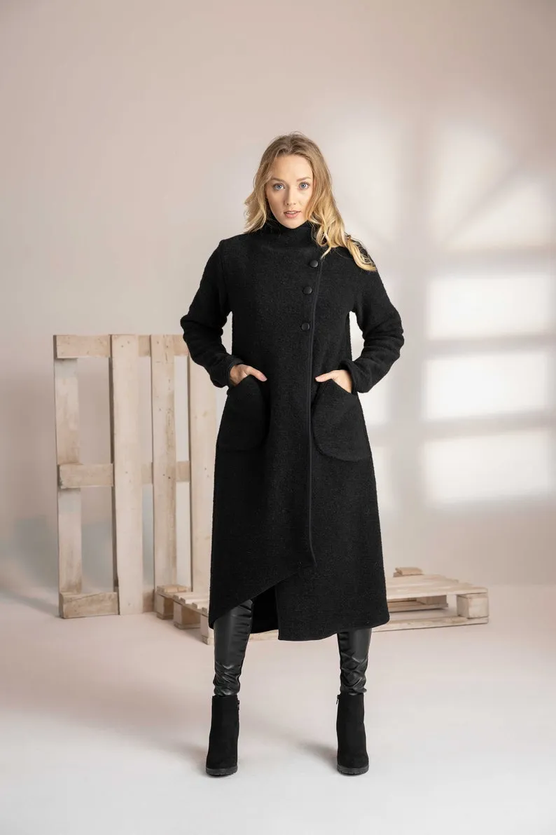 Dark Blue Boiled Wool Coat with Pockets