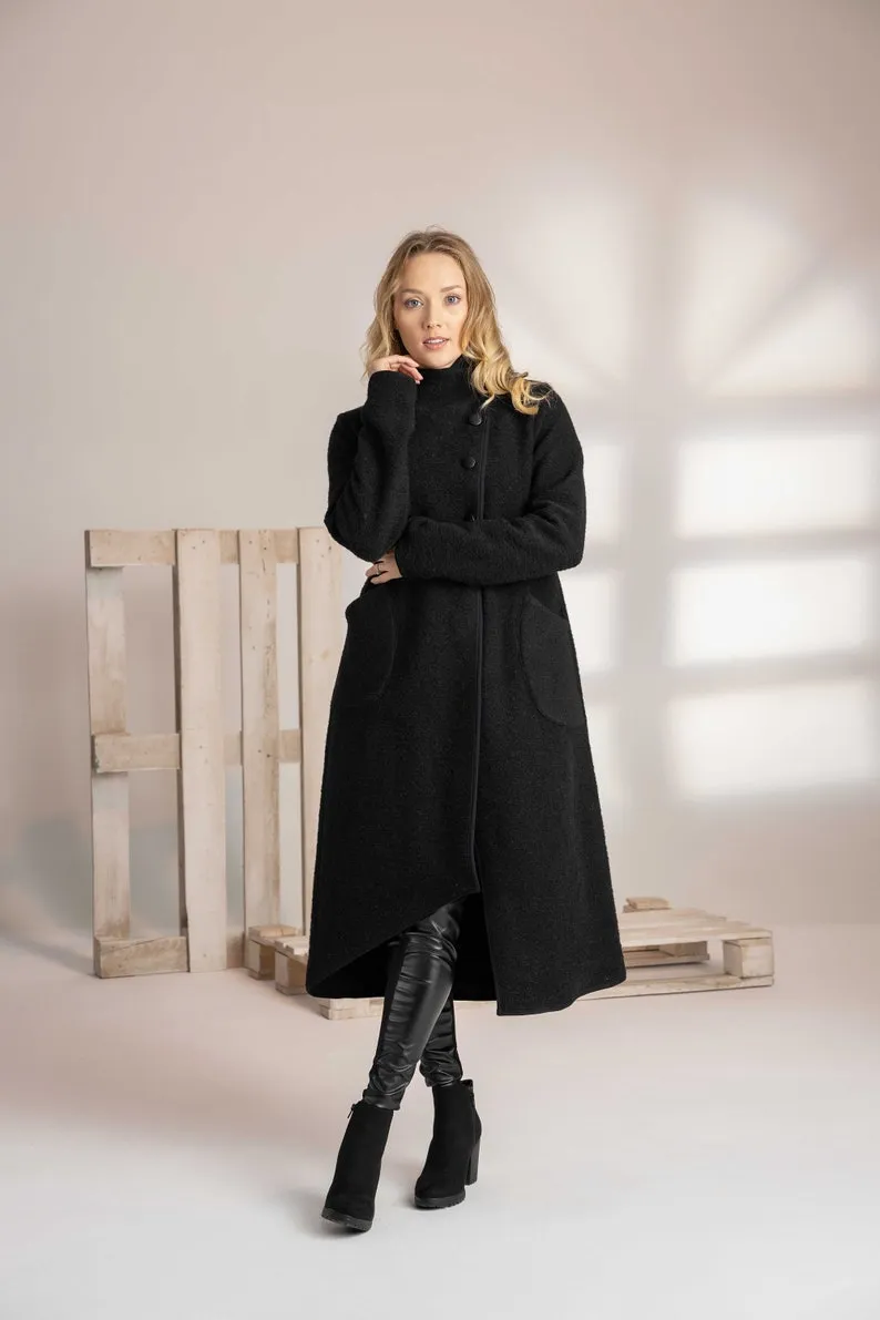 Dark Blue Boiled Wool Coat with Pockets