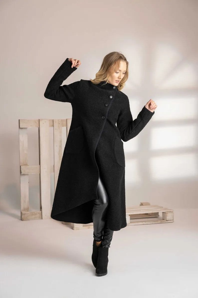 Dark Blue Boiled Wool Coat with Pockets