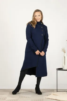 Dark Blue Boiled Wool Coat with Pockets