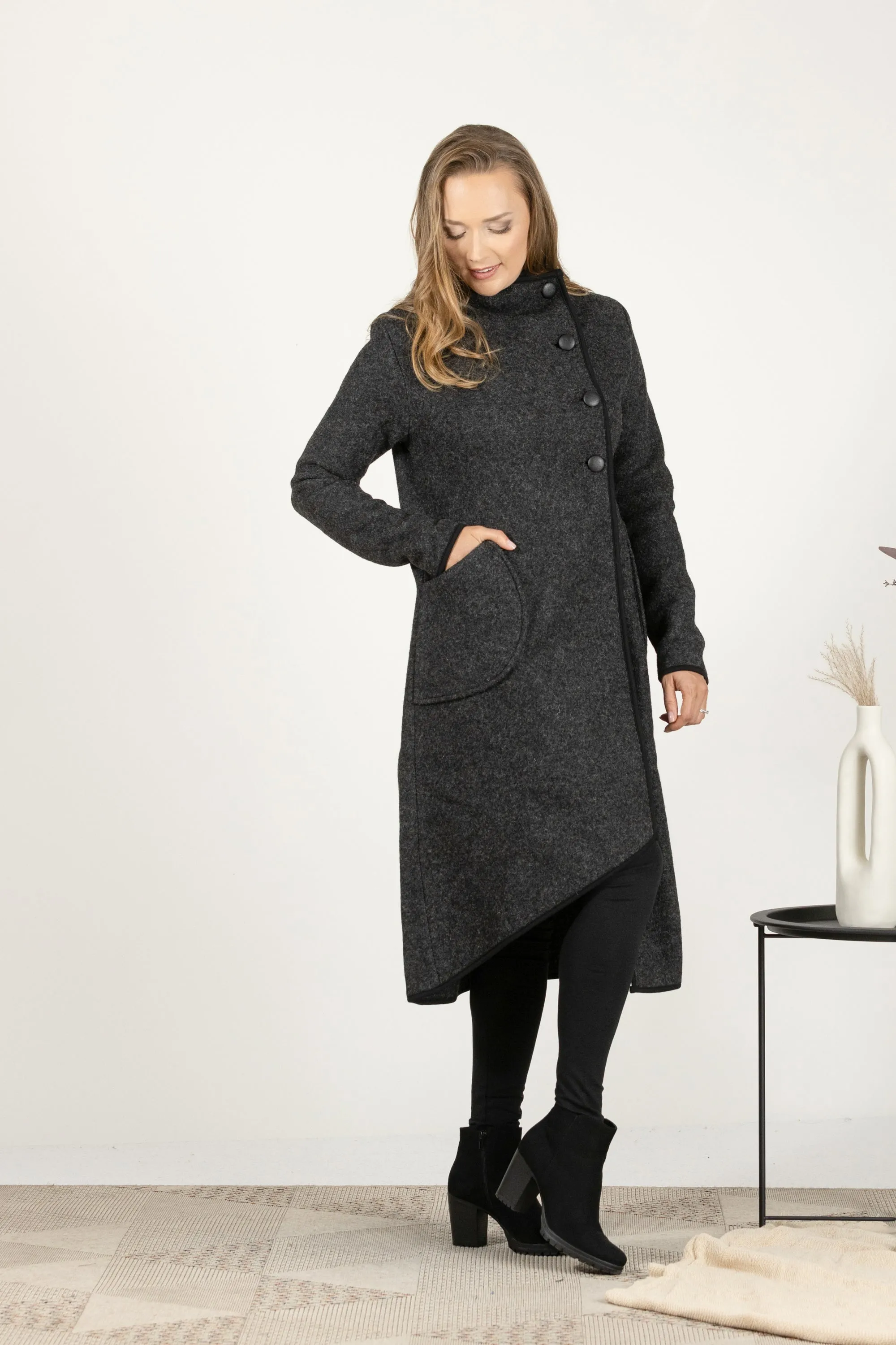 Dark Blue Boiled Wool Coat with Pockets