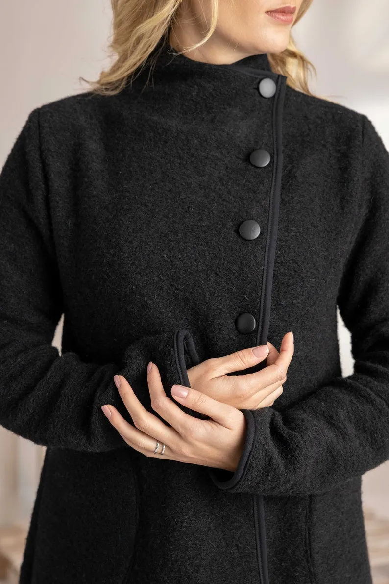 Dark Blue Boiled Wool Coat with Pockets