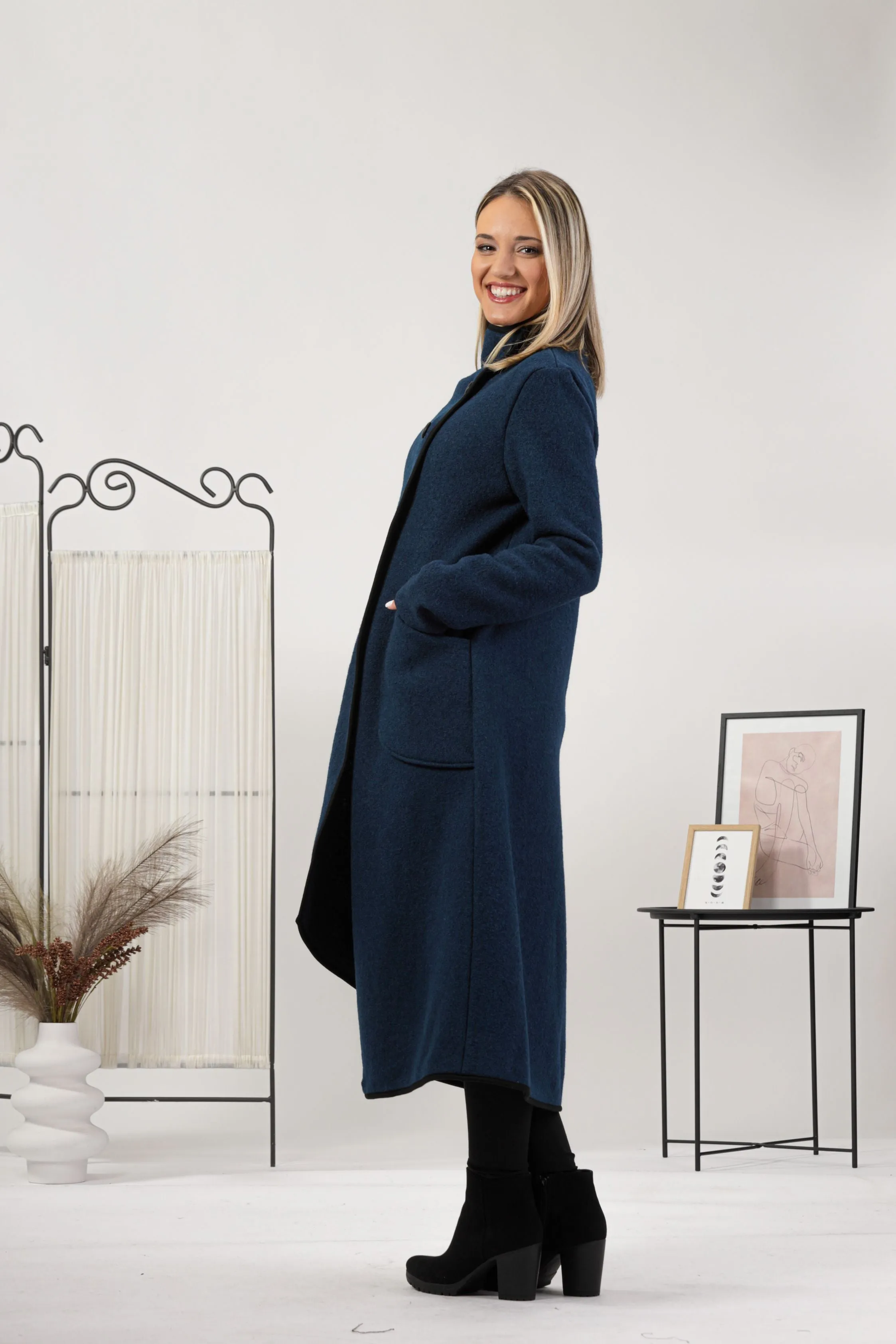 Dark Blue Boiled Wool Coat with Pockets