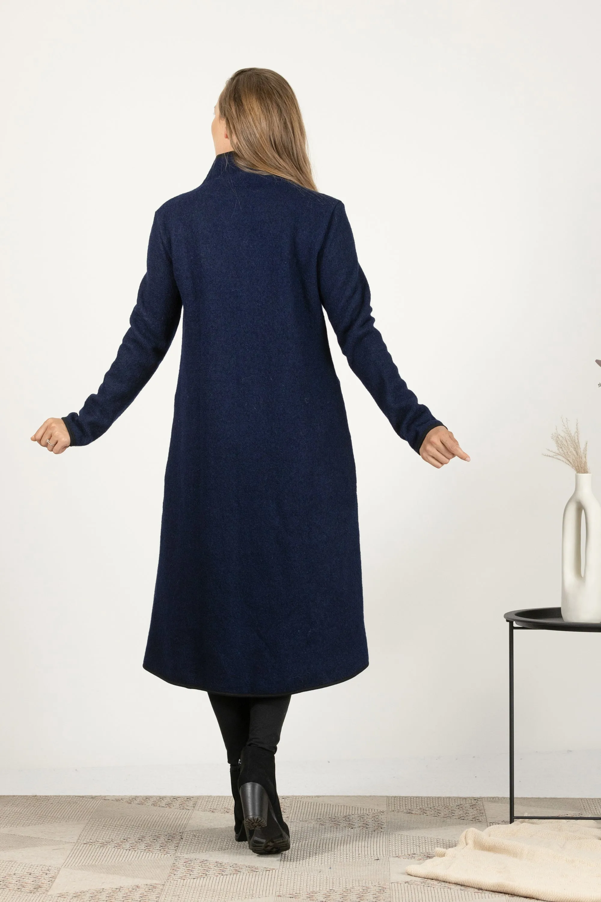 Dark Blue Boiled Wool Coat with Pockets