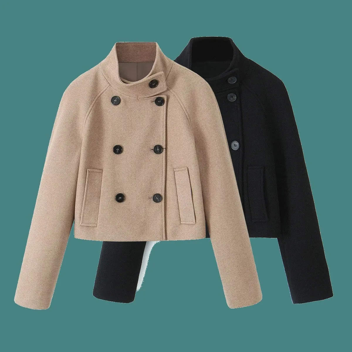 Decorative Stand Collar Wool Short Coat