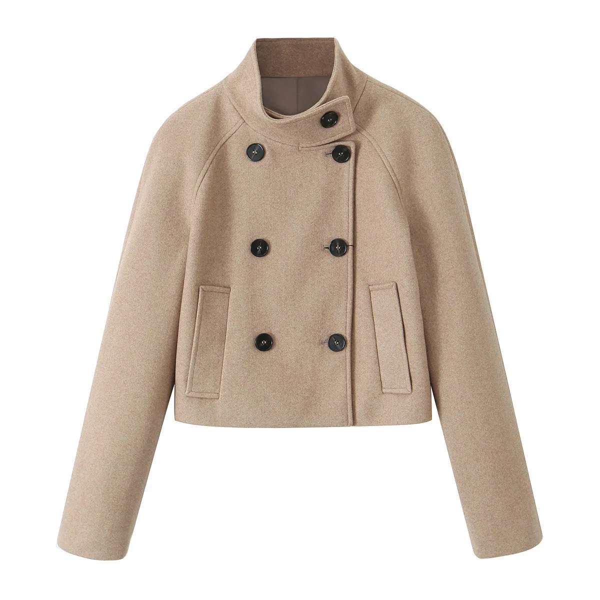 Decorative Stand Collar Wool Short Coat