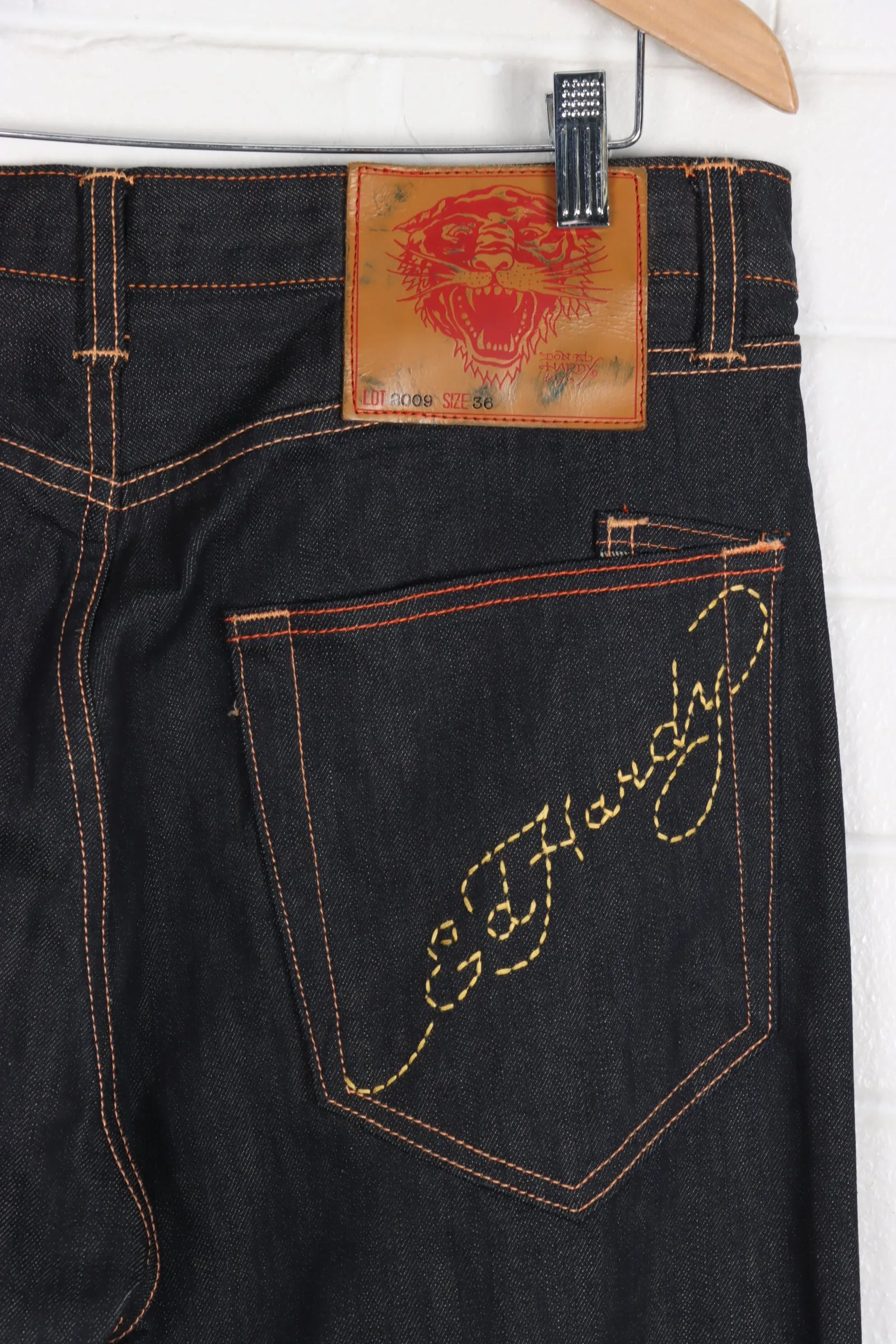 ED HARDY Dark Wash Y2K Orange Stitch Jeans (36 x 34)