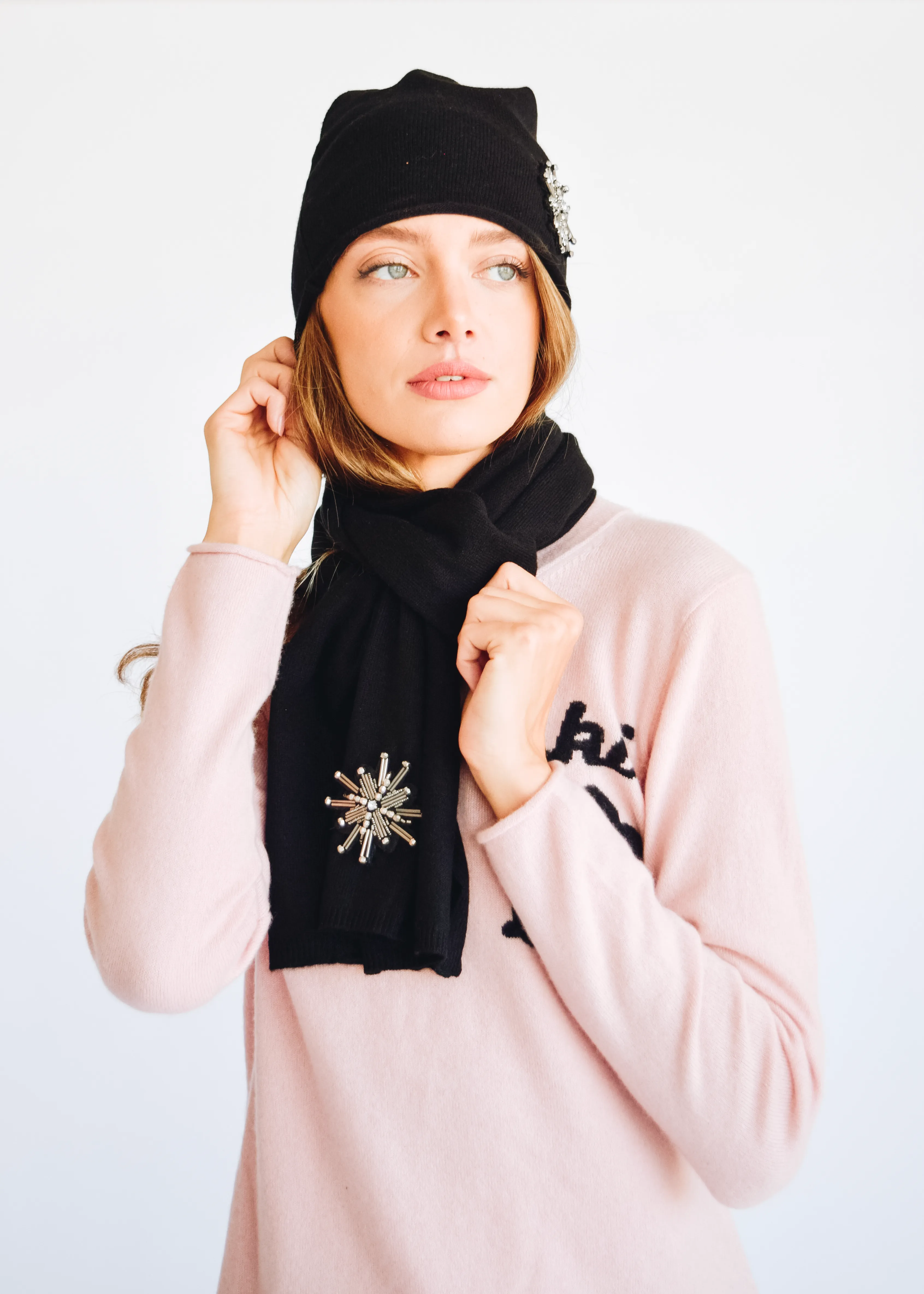 Embellished Scarf Black with Snowflakes