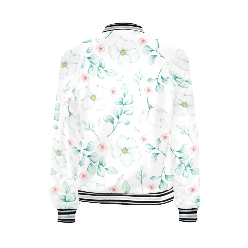 Eucalyptus pattern Pink and white flowers Bomber Jacket for Women