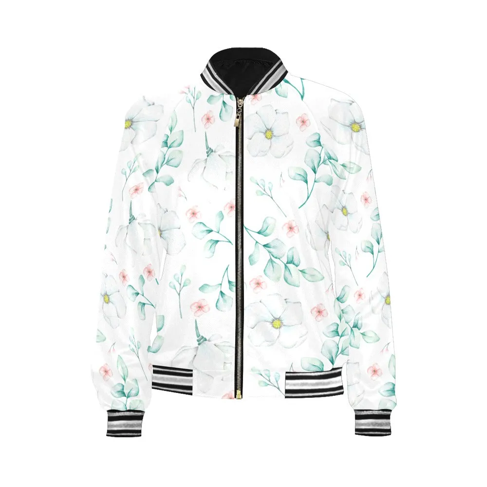 Eucalyptus pattern Pink and white flowers Bomber Jacket for Women