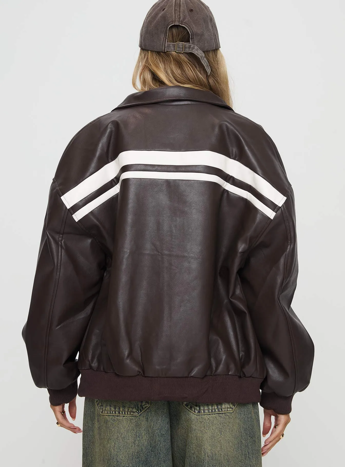 Fashionkova Goldsmith Faux Leather Bomber Jacket Chocolate / White