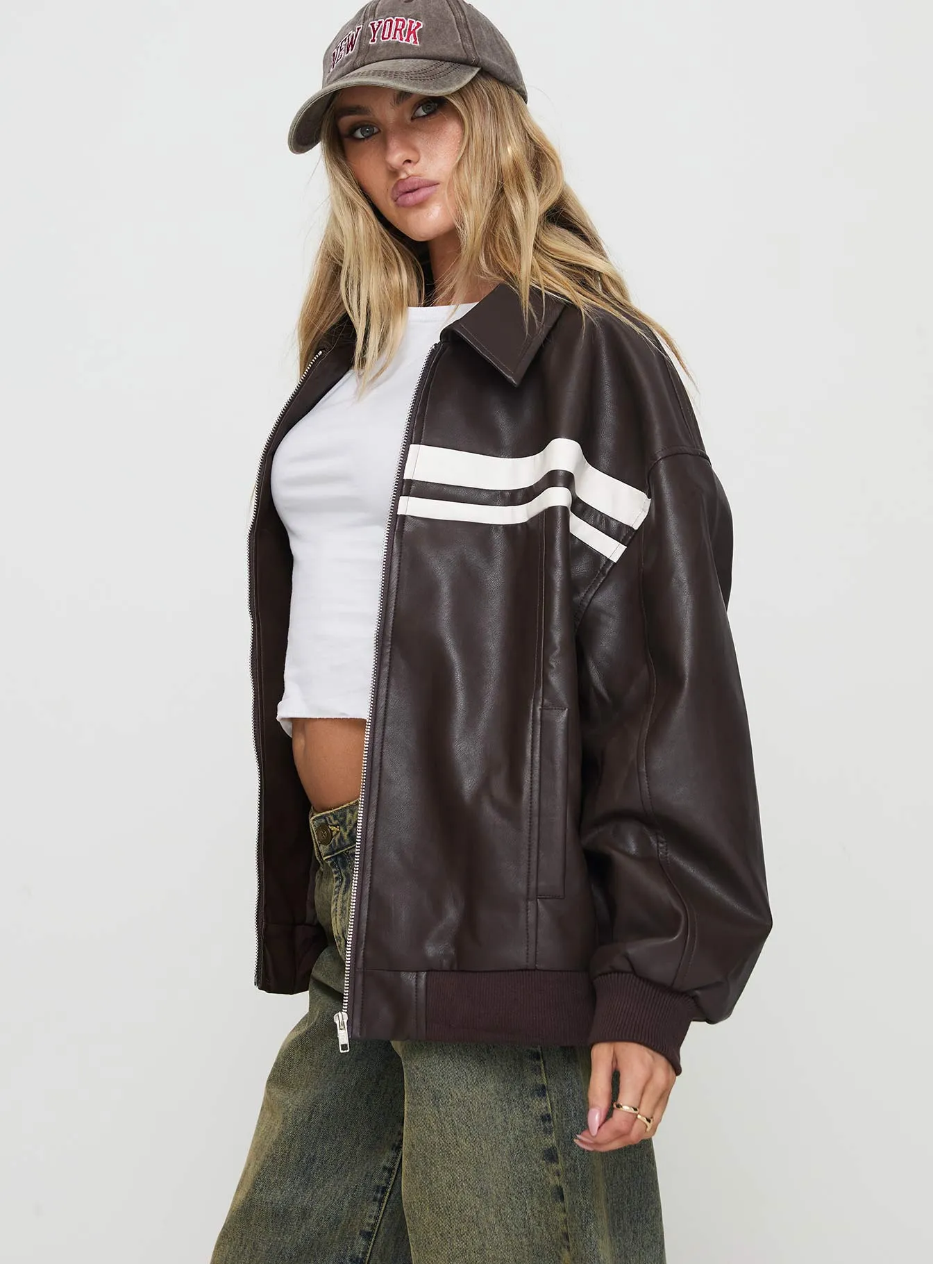 Fashionkova Goldsmith Faux Leather Bomber Jacket Chocolate / White