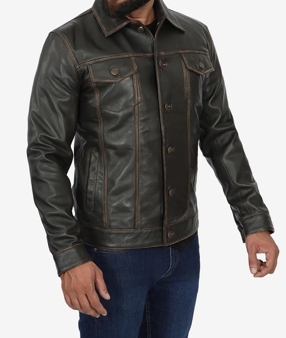 Fernando Distressed Dark Brown Leather Trucker Jacket Mens