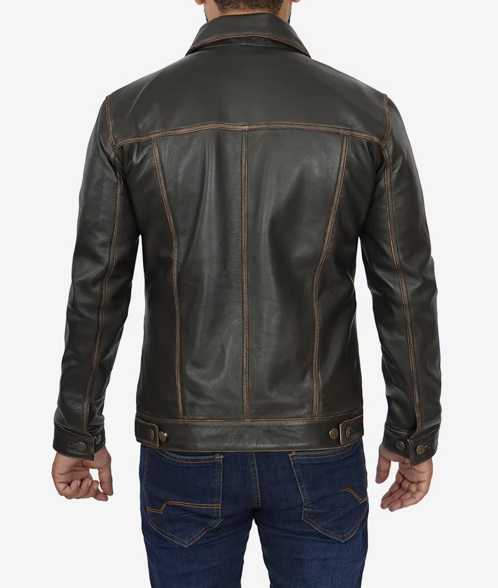 Fernando Distressed Dark Brown Leather Trucker Jacket Mens