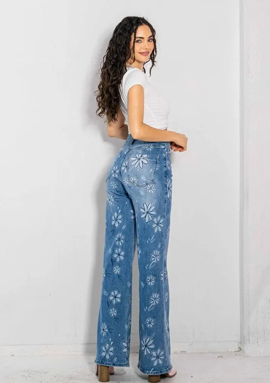 Flower Printed High-Rise Wideleg Jeans