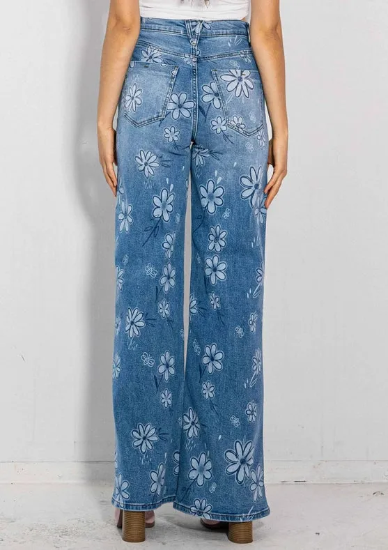 Flower Printed High-Rise Wideleg Jeans